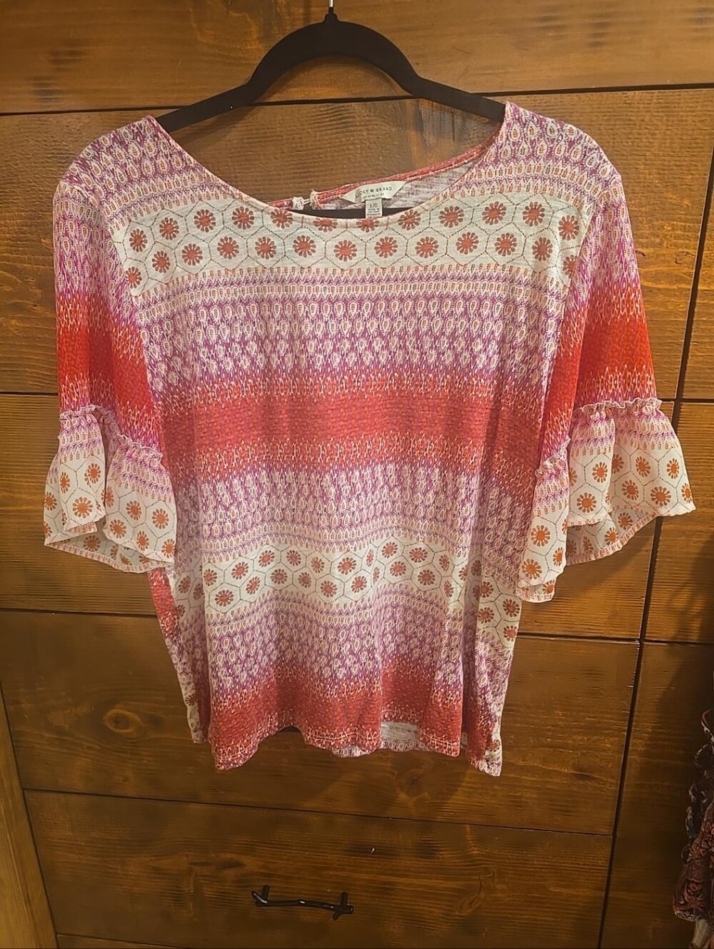 Lucky Brand Boho Bell Sleeve Blouse Size L Pink Coral Soft Printed Top
